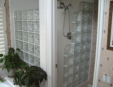 Decora pattern glass block shower wall.